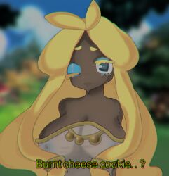 blurry_background burnt_cheese_cookie confused cookie_run dark-skinned_female english_subtitles mozzarella_cookie yellow_hair