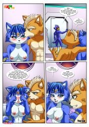 1girls 2boys anthro ass bbmbbf blush breasts comic crying end_page english_text falco_lombardi female fox_mccloud fur34 furry kissing krystal love_brings_us_together_too_(comic) male male/female nintendo nipples nude palcomix star_fox tears