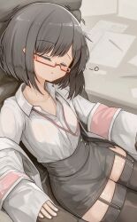 1girls black_garter_straps black_skirt black_stockings bob_cut closed_eyes cute garter_straps genek glasses long_sleeves petite petite_body petite_female sitting sitting_on_chair skirt sleeping slim_waist square_glasses stockings teenager thick_thighs thighhighs wide_hips zettai_ryouiki