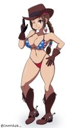 1girls american bandai_namco bikini boots breasts brown_eyes brown_hair commission cowboy_boots cowboy_gloves cowboy_hat dan_cavendish female_focus female_only julia_chang large_breasts looking_at_viewer namco native_american tekken tekken_tag_tournament_2 wink