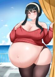 1girls bayoshii black_hair blush breasts earrings exposed_belly female human large_breasts milf panties popped_navel pregnant ready_to_pop red_eyes spy_x_family sweater thick_thighs wide_hips yor_briar