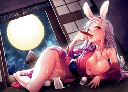 animal_ears breasts bunny_ears bunnygirl cleavage cum drink food gray_hair japanese_clothes long_hair navel nipples no_bra nopan peach-tea red_eyes sake skirt_lift wink yukata