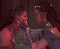 2girls 3d black_hair clone comforting edenian eye_contact female female_only fully_clothed hands_on_face holding_head imminent_kiss incest kitana kiteena long_hair mileena monster_girl mortal_kombat mortal_kombat_1_(2023) ponytail princess rayalterego23 royalty sisters smile touching_face yuri