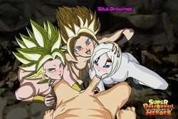 1boy 3girls :>= assisted_fellatio blonde_hair blowjob blue_eyes breasts caulifla copyright_name dragon_ball dragon_ball_heroes dragon_ball_super erect_nipples erect_penis erection eye_contact faceless_male fellatio female female_saiyan foursome green_hair half-closed_eyes interspecies kale kale_(berserker) kamin large_penis legendary_super_saiyan looking_at_viewer male male_pov multiple_girls muscular muscular_female neo_machine_mutant nipples oral penis pov saiyan simple_background squatting super_dragon_ball_heroes super_saiyan super_saiyan_2 three_on_one tuffle universe_6 universe_6/universe_7 watermark white_hair white_skin