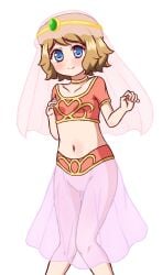 1girls ako-惟 ako-惟_(artist) arabian_clothes belly_dancer belly_dancer_outfit blonde_hair blue_eyes blush breasts brown_hair cleft_of_venus contest_dress cosplay female female_focus game_freak harem_girl harem_outfit may_(pokemon)_(cosplay) navel nintendo pokemon pokemon_(anime) pokemon_xy pussy serena_(pokemon) serena_(pokemon_games) short_hair simple_background small_breasts solo transparent_clothes veil white_background younger_female