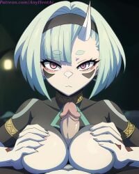 1girls ai_generated anyhentai breasts green_hair half_demon koko_zenibako looking_at_viewer mato_seihei_no_slave paizuri patreon penis penis_between_breasts pink_eyes short_hair titfuck titjob