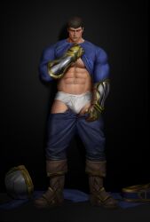 1boy 1human 1male 3d 3d_(artwork) 3d_model abs beefy big_feet blush blushing_profusely boots brown_hair cyjmytf daddy embarrassed_male embarrassed_underwear_male garen_crownguard himbo league_of_legends light-skinned_male light_skin male male_focus male_only manly masculine muscular muscular_male no_visible_genitalia pants_pulled_down pecs riot_games shirt_lift solo solo_focus solo_male underwear