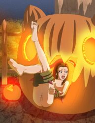 ariana_grande barefoot brown_hair elmonais female female_prey halloween imminent_death jack-o'-lantern nude pumpkin pumpkin_monster scared scared_expression vore