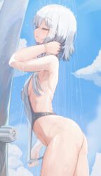 bare_ass bare_legs bare_thighs beach blue_sky breast_squeeze breast_squish closed_eyes clouds genek leaning_forward one_piece_swimsuit pool see-through see-through_clothing see-through_swimsuit showering side_view sideboob slim_waist small_breasts swimsuit swimsuit_pull teenager wet wet_body wet_clothes wet_skin