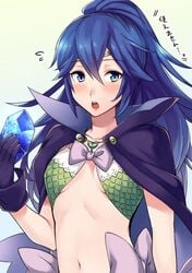 1girls ameno_(a_meno0) blue_eyes blue_hair blush bow breasts cape circlet cosplay elf fire_emblem fire_emblem_awakening gloves holding long_hair lucina_(fire_emblem) nintendo nowi_(fire_emblem)_(cosplay) open_mouth ponytail revealing_clothes rupee simple_background skimpy skimpy_clothes small_breasts solo surprised underboob upper_body white_background