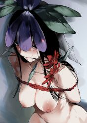 arms_behind_back asuzemu black_eyes black_hair blush breasts cleavage closed_mouth collarbone completely_nude female flower flower_on_head large_breasts long_hair mouth_hold nipples nude purple_flower red_flower restrained solo touhou yomotsu_hisami