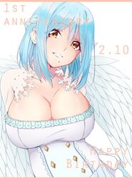 32._(32_sats) anniversary bare_shoulders blue_hair blush braid breasts cleavage commentary dress feathered_wings female french_braid grin happy_birthday highres large_breasts light_blue_hair looking_at_viewer moira_(nijisanji) mole mole_on_breast mole_under_mouth nijisanji parted_lips see-through short_hair simple_background smile solo upper_body virtual_youtuber white_background white_dress wings yellow_eyes