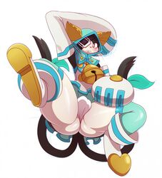 2_tails anthro blazblue blush bulge cat clothing embarrassed feline flaccid furry furry_only jubei_(blazblue) male male_only solo sssonic2 thick_thighs whiskers white_background