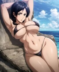 against_rock ai_generated armpits arms_over_head attack_on_titan barely_contained_breasts belly_button big_breasts bikini black_bikini black_hair breasts carla_jaeger dark_hair erect_nipples_under_bikini front_view hair_on_shoulder hands_behind_head hourglass_figure light-skinned_female light_skin looking_at_viewer mature mature_female midriff milf navel nipples_visible_through_bikini outdoors sea shingeki_no_kyojin side_ponytail small_bikini small_waist swimsuit thick_thighs thighs thighs_together tight_bikini voluptuous wide_hips