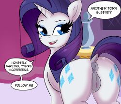 absurd_res anus ass bodily_fluids casual dialogue english_text equid equine eyelashes female feral friendship_is_magic genital_fluids genitals hair hasbro hi_res horn looking_back mammal my_little_pony nudist pupils pussy rarity_(mlp) solo speech_bubble text thick_thighs tjpones unicorn vaginal_fluids