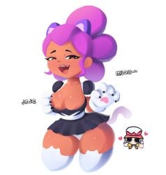 1boy 1girls big_breasts black_body black_eyes brawl_stars breasts cat_ears cat_tail fang_(brawl_stars) female female_focus heart maid maid_headdress maid_outfit male nipples nipples_visible_through_clothing paws percevalrp18 purple_hair shelly_(brawl_stars) tagme text thick_thighs thighs