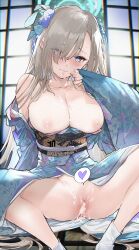 absurdres after_sex after_vaginal alternate_costume asuna_(blue_archive) blue_archive blue_eyes blue_halo blue_kimono blush breasts cleaning_&_clearing_(blue_archive) cleavage collarbone commentary_request cum cum_in_mouth cum_in_pussy cum_on_body cum_on_breasts female hair_over_one_eye halo highres indoors japanese_clothes kimono kurotsuki_machi large_breasts light_brown_hair long_hair long_sleeves looking_at_viewer millennium_science_school_student nipples obi open_mouth revision sash smile socks solo white_socks wide_sleeves