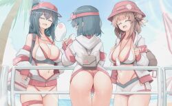 3girls belly_button big_ass big_breasts bob_cut bra cap genek hat long_sleeves open_jacket panties petite petite_body petite_female slim slim_waist smile smiling summer teenager thick thick_thighs thighhighs wide_hips