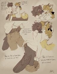 absurd_res anthro ass avian bird black_body blonde_hair canid canine classy clothed corvid corvus_(genus) duo edgar_vladilisitsa erection fox hair hi_res joseph_corbeau kissing male male/male mammal oscine passerine ponytail raven tatujapa yellow_body