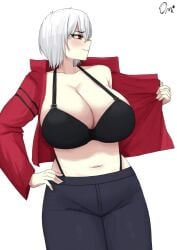 1girls albedo_(ben_10) albedo_(chaquetrix) arrogant ben_10 ben_10_alien_force big_breasts black_bra blush borrowed_design bra breasts cleavage clothed_female genderswap_(mtf) hand_on_hip huge_breasts human light-skinned_female omikami open_jacket pants red_eyes red_jacket rule_63 short_hair solo solo_female tomboy watermark white_background white_hair