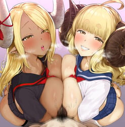 1boy 2girls absurdres ahoge anila_(granblue_fantasy) ass bangs black_legwear black_sailor_collar black_serafuku black_shirt black_skirt blonde_hair blue_sailor_collar blue_skirt blunt_bangs blush breast_press breasts breasts_out breasts_to_breasts chocolate_and_vanilla dark-skinned_female dark_skin double_paizuri draph earrings eyebrows_visible_through_hair ffm_threesome gradient gradient_background granblue_fantasy grin highres horn_ornament horns jewelry kneeling kuvira_(granblue_fantasy) large_breasts lips long_hair looking_at_viewer male_pov multiple_girls multiple_paizuri neckerchief no_bra no_panties nopan open_mouth paizuri parted_bangs penis pija_(pianiishimo) pleated_skirt pointy_ears pov pubic_hair red_neckwear sailor_collar school_uniform seifuku serafuku sheep_horns shirt shirt_lift short_eyebrows short_sleeves skirt skirt_lift smile straight sweat symmetrical_docking tassel thick_eyebrows thighhighs threesome wavy_hair white_legwear white_shirt yellow_eyes