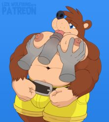 anthro banjo-kazooie banjo_(banjo-kazooie) bear belt blue_eyes brown_fur bulge clothing fondling furry gay humanoid_penis licking male male_focus male_only muscular nipples pecjob pecs penis rareware shorts tongue wolfbuns