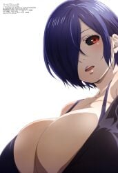 1girls ai_generated alternate_breast_size big_breasts black_sclera blue_hair breast_focus breasts bust cleavage close_up closeup dark_blue_hair deep_cleavage eyelashes female female_only huge_breasts hyper_breasts kirishima_touka medium_hair plain_background red_eyes short_hair solo tokyo_ghoul white_background