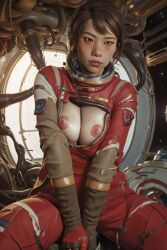 ai_generated arms_crossed asian asian_female breasts brown_eyes brown_hair female female_only freckles_on_breasts freckles_on_face helmet_removed human medium_hair morgan_yu prey_(game) red_suit spacestation stable_diffusion torn_clothing torn_spacesuit