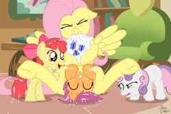 2012 apple_bloom_(mlp) earth_pony equine eyes_closed facelessjr female fluttershy_(mlp) friendship_is_magic horse my_little_pony pegasus pillow pony pussy_juice scootaloo_(mlp) smile sweetie_belle_(mlp) unbirthing unicorn vore yuri