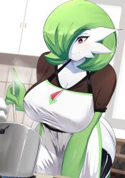 1girls anthro apron breasts brown_shirt cooking cooking_pot gardevoir green_hair hair_over_one_eye kitchen ladle large_breasts milf nintendo pokémon_(species) pokemon pokemon_(species) pokemon_rse red_eyes sana!rpg shirt short_hair stove thighhighs