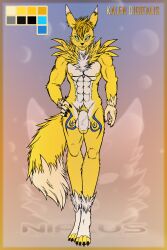 absurd_res balls bandai_namco blue_eyes digimon digimon_(species) fur genitals hi_res kalen_digitalis male male_only markings mature_male model_sheet muscular muscular_male nialus penis renamon solo yellow_body yellow_fur