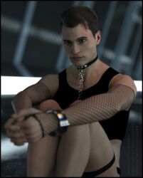 3d 3d_(artwork) 3d_model android bondage_outfit brown_eyes brown_hair collar collared connor_(detroit:_become_human) detroit:_become_human fishnet_armwear handcuffed handcuffs humanoid indoors leashed_collar light-skinned_male light_skin looking_at_viewer looking_at_you male male_focus male_only masculine sitting solo solo_focus solo_male thigh_band timebird84_(artist)