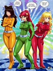 3girls alex_(totally_spies)_(cosplay) alternate_costume belt belt_buckle black_hair blake_belladonna blonde blonde_hair bodysuit boots breasts circlet clothing clover_(totally_spies)_(cosplay) cosplay crossover english_text female gloves handwear heart-shaped_buckle heart_buckle high_heel_boots high_heels high_ponytail jadenkaiba knee_boots latex latex_suit lineup long_hair looking_at_viewer multiple_girls open_mouth ponytail pyrrha_nikos red_hair rwby sam_(totally_spies)_(cosplay) skin_tight speech_bubble text totally_spies yang_xiao_long