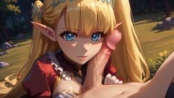 1girls ai_generated blonde_hair blue_eyes blush cleavage dress elf elf_ears elf_girl failure_frame:_i_became_the_strongest_and_annihilated_everything_with_low-level_spells hazurewaku_no_joutai_ijou_skill_de_saikyou_ni_natta_ore_ga_subete_wo_juurin_suru_made kneeling large_penis long_hair looking_at_viewer medium_breasts outdoors penis_on_face pointy_ears seras_ashrain