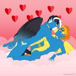 1:1 anal anthro breasts clothing equid equine eyewear female friendship_is_magic genitals goggles hasbro heart hi_res kissing male male/female mammal my_little_pony pegasus penis pussy scar shallowwin skinsuit spitfire_(mlp) squall_windfeather_(oc) tight_clothing wings wonderbolts_uniform