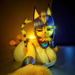 3d animal_crossing ankha ankha_(animal_crossing) blender_(software) blender_cycles bloom blue_hair cat_ears cat_girl cat_humanoid cat_tail catgirl egyptian egyptian_clothes egyptian_female egyptian_headdress egyptian_mythology feet feline fur furry furry_ears furry_female furry_only furry_tail looking_at_viewer low_res lowres nintendo scrag_boy scraggy_(artist) visiuun yellow_body yellow_fur