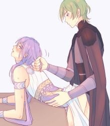 2boys alternate_costume anal byleth_(fire_emblem) byleth_(fire_emblem)_(male) dancer dancer_(three_houses) femboy fire_emblem fire_emblem:_three_houses green_hair hair_grab hair_pull kyomuu makeup male male_only male_penetrating male_penetrating_male multiple_boys nintendo purple_hair yaoi yuri_leclerc