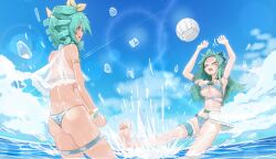 2girls ass ball barefoot belly_button big_breasts bikini blue_hair bra_lift bra_removed closed_eyes feet genek green_hair in_water long_hair ocean sea seaside see-through see-through_clothing slim_waist teenager volleyball water watersports wet wet_body wet_clothes wet_skin