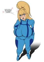 1girls big_breasts blonde_hair blue_eyes breasts busty curvaceous curvy curvy_body curvy_female curvy_figure english english_text female high_ponytail huge_breasts large_breasts metroid ponytail samus_aran shortstack text the_varking voluptuous zero_suit_samus