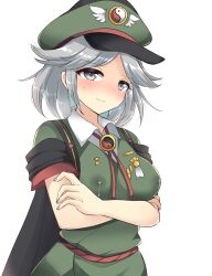 black_cape blush breasts cape closed_mouth collared_shirt commentary_request crossed_arms female fujiwara_no_shirogane_no_sanra genderswap genderswap_(mtf) green_headwear grey_eyes grey_hair hat highres lactation lactation_through_clothes len'en medium_breasts medium_hair military military_hat military_uniform nose_blush ougi_hina rule_63 shirt simple_background solo sweat uniform upper_body white_background white_shirt yin_yang