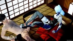 3d au_ra azurauge black_panties black_scales black_stockings black_underwear blue_hair blue_nail_polish blue_nails blue_skin blue_skinned_female erect_penis erection feet final_fantasy final_fantasy_xiv foot_fetish footjob footjob_with_legwear footwear hi_res high_resolution highres legs lingerie lingerie_only male/female nail_polish nails panties penis_between_feet pillows riaykuras_playground scales self_upload sitting stockings toeless_legwear toeless_stockings toenail_polish toenails underwear