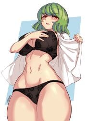 absurdres black_bra black_panties blush bra breasts commission cowboy_shot female green_hair highres huge_breasts kazami_yuuka lingerie looking_at_viewer navel nicecream open_clothes open_shirt panties parted_lips red_eyes shirt short_hair signature solo touhou underwear variant_set white_shirt yuka_kazami yuuka_kazami