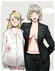 2girls after_sex arm_around_shoulder arm_around_waist belly belly_button belly_rolls black_jacket black_suit blank_speech_bubble blonde blonde_female blonde_hair blush borrowed_clothes bottomless breasts brown_eyes buttons chubby chubby_female co1fee collar collared_shirt confident cute_couple dungeon_meshi elf empty_speech_bubble falin_touden fanon_couple female female_only flushed_face green_eyes grey_background grey_hair half_elf hand_in_pocket hand_on_partner hand_on_waist highres interspecies interspecies_yuri large_breasts lovers marcille_donato muffin_top multiple_girls navel no_bra no_shirt open_clothes open_collar open_mouth open_top oversized_clothes pants pointy_ears pussy_juice sandy_blonde_hair sensual shirt shirt_only short_hair simple_background speech_bubble standing stomach suit sweaty_clothes tall tall_female tallman thigh_gap white_shirt yuri