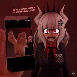 1girls angry blush feet foot_fetish helltaker kenaga lucifer_(helltaker) phone picture pov pov_eye_contact red_eyes simple_background soles suit suit_and_tie text toes white_hair