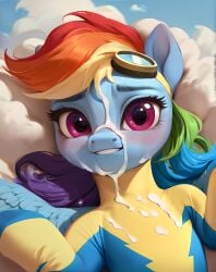 ai_generated blue_body blue_fur cum cum_on_face facial female female_only feral friendship_is_magic fur goggles_on_head hair hasbro multicolored_hair my_little_pony pink_eyes rainbow_dash_(mlp) rainbow_hair smile