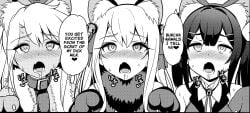 3girls absurd_res bell black_hair blush cat_ears cat_girl cat_girl_outfit catgirl catgirl_costume chloe_von_einzbern cock_hungry collar comic cropped cum_hungry dark-skinned_female dark_skin dialogue doujinshi drooling english english_text fate/kaleid_liner_prisma_illya fate_(series) female heart illyasviel_von_einzbern imminent_blowjob looking_at_viewer mind_break miyu_edelfelt monochrome multiple_girls offscreen_male open_mouth ribbon santa_(sunflower) white_hair young young_female