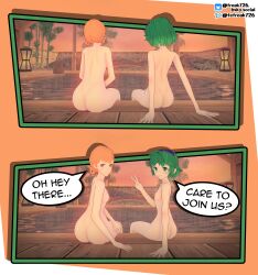 2girls 3d annette_fantine_dominic ass back back_view bare_back big_ass blue_eyes breasts completely_nude english_text fefreak726 female female_only fire_emblem fire_emblem:_the_blazing_blade fire_emblem:_three_houses from_behind green_hair grin hairband inviting large_ass looking_at_viewer looking_back multiple_girls nino_(fire_emblem) nintendo nude nude_female onsen orange_hair outdoors short_hair sitting small_breasts smile sunset text v