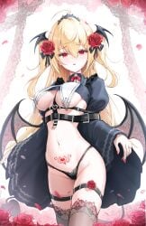 1girls absurdres ahoge belt between_breasts black_belt black_panties black_thighhighs blonde_hair blush breast_curtains breasts brown_thighhighs chest_harness cleavage cowboy_shot demon_girl demon_tail demon_wings falling_petals fangs female female_only flower hair_flower hair_ornament harness head_wings highres juliet_sleeves kira_(kira78718520) lace-trimmed_panties lace-trimmed_thighhighs lace_trim large_breasts lingerie long_hair long_sleeves looking_at_viewer navel no_bra no_pants open_mouth original panties petals pointy_ears pubic_tattoo puffy_sleeves red_eyes red_flower red_rose revealing_clothes rose see-through shrug_(clothing) skindentation solo standing stomach stomach_tattoo string_panties succubus succubus_tattoo tail tattoo thigh_strap thighhighs thighs tiara two_side_up underboob underwear very_long_hair wide_sleeves wing_collar wings