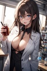 1girls 2024 ai_generated ai_hands anime_nose big_breasts blue_eyes boob_window breasts brown_hair brunette_hair cleavage clothed_female girl glasses lab_coat labor laboratory long_hair scientist skinny skinny_girl