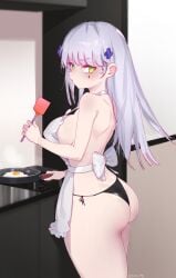 1girls absurdres apron ass black_panties blush breasts bright_pupils cooking cowboy_shot eonsang facial_mark female fried_egg frying_pan girls'_frontline green_eyes grey_hair hair_ornament highres hk416_(girls'_frontline) holding holding_spatula large_breasts long_hair looking_back mature_female milf naked_apron panties shoulder_blades solo spatula standing underwear white_apron white_pupils